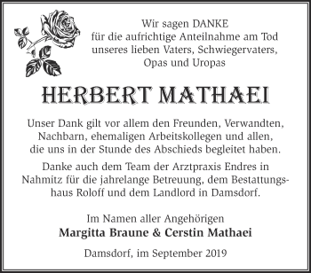 Traueranzeige von Herbert Mathaei von Märkische Oderzeitung