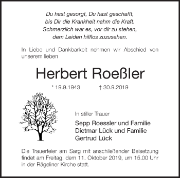 Traueranzeige von Herbert Roeßler von Märkische Oderzeitung