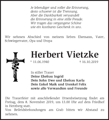 Traueranzeige von Herbert Vietzke von Märkische Oderzeitung