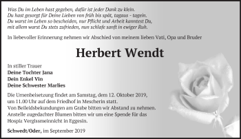 Traueranzeige von Herbert Wendt von Märkische Oderzeitung