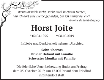 Traueranzeige von Horst Joite von Märkische Oderzeitung