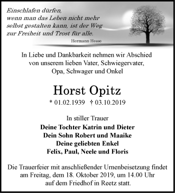 Traueranzeige von Horst Opitz von Märkische Oderzeitung