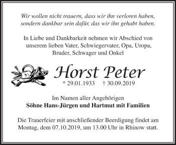 Traueranzeige von Horst Peter von Märkische Oderzeitung