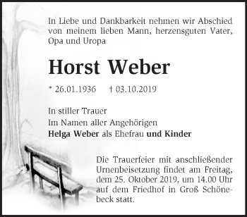 Traueranzeige von Horst Weber von Märkische Oderzeitung