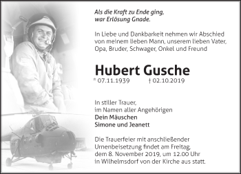 Traueranzeige von Hubert Gusche von Märkische Oderzeitung