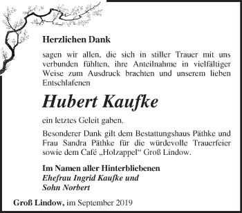 Traueranzeige von Hubert Kaufke von Märkische Oderzeitung