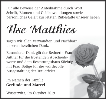 Traueranzeige von Ilse Matthies von Märkische Oderzeitung