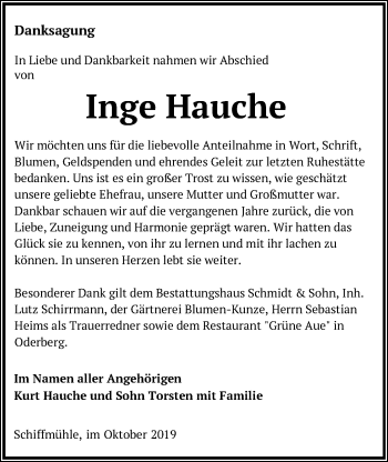 Traueranzeige von Inge Hauche von Märkische Oderzeitung