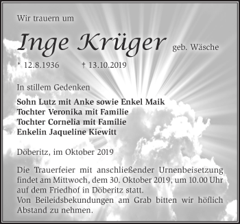 Traueranzeige von Inge Krüger von Märkische Oderzeitung