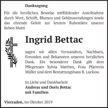 Traueranzeige von Ingrid Bettac von Märkische Oderzeitung