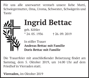 Traueranzeige von Ingrid Bettac von Märkische Oderzeitung