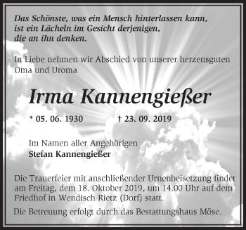 Traueranzeige von Irma Kannengießer von Märkische Oderzeitung