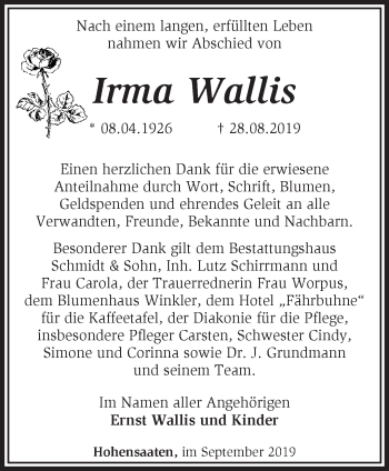 Traueranzeige von Irma Wallis von Märkische Oderzeitung