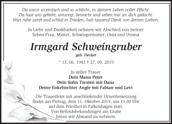 Traueranzeige von Irmgard Schtveingruber von Märkische Oderzeitung