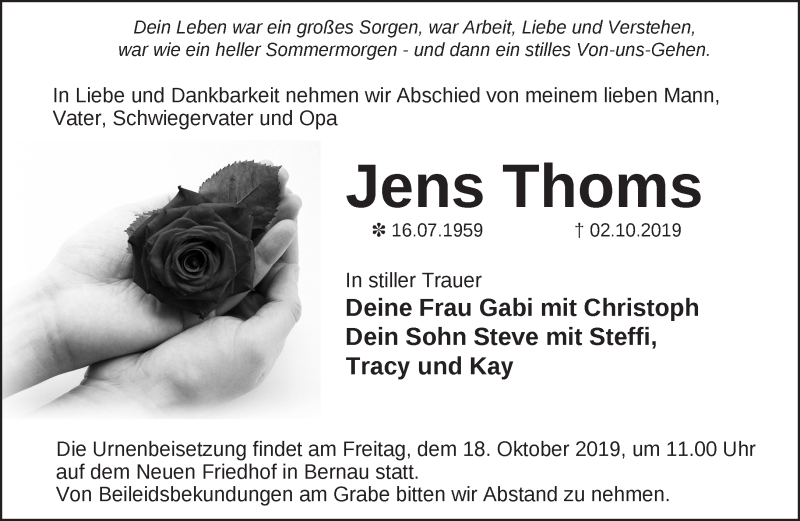  Traueranzeige für Jens Thoms vom 13.10.2019 aus Märkische Oderzeitung