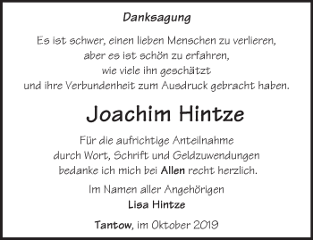 Traueranzeige von Joachim Hintze von Märkische Oderzeitung