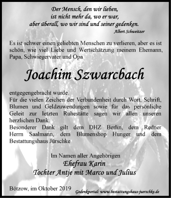 Traueranzeige von Joachim Szwarcbach von Märkische Oderzeitung