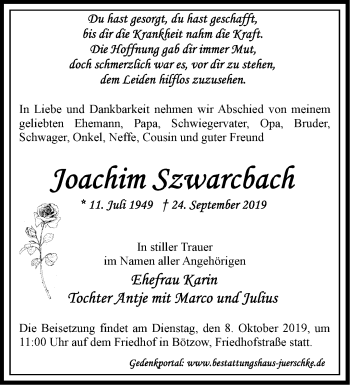 Traueranzeige von Joachim Szwarcbach von Märkische Oderzeitung