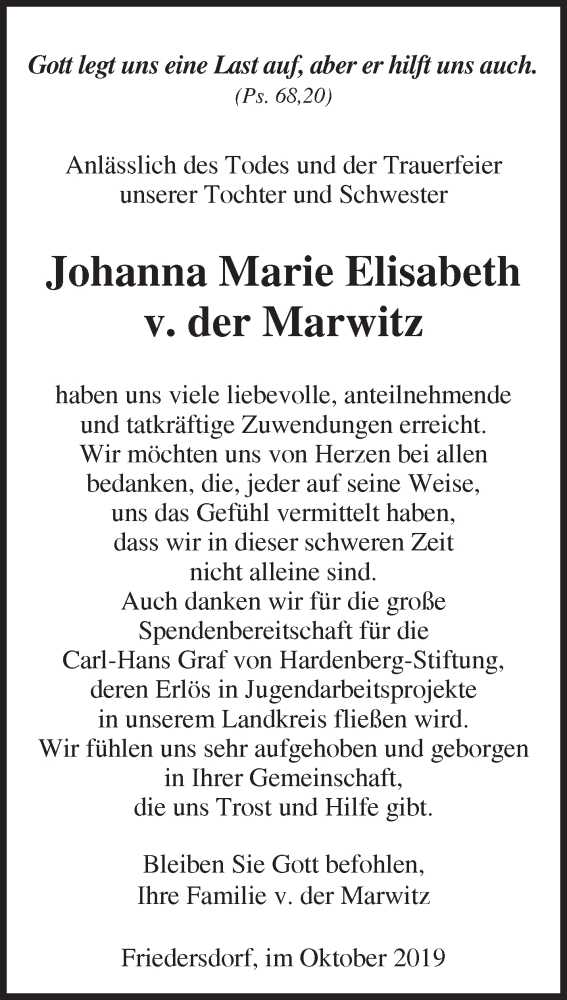  Traueranzeige für Johanna Marie Elisabeth v. der Marwitz vom 26.10.2019 aus Märkische Oderzeitung