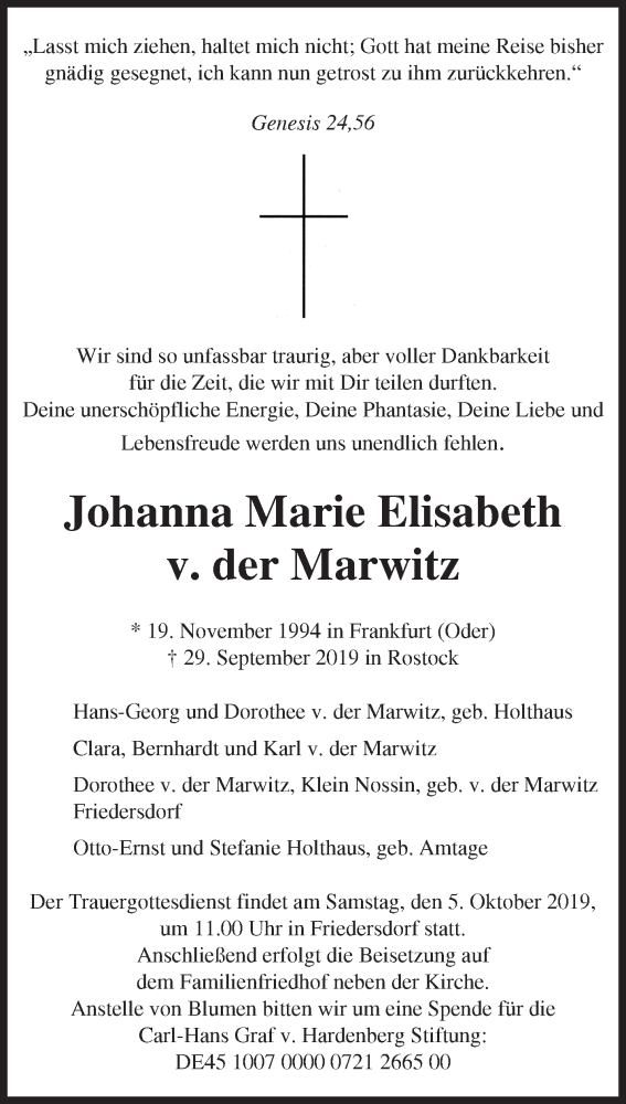  Traueranzeige für Johanna Marie Elisabeth v. der Marwitz vom 02.10.2019 aus Märkische Oderzeitung