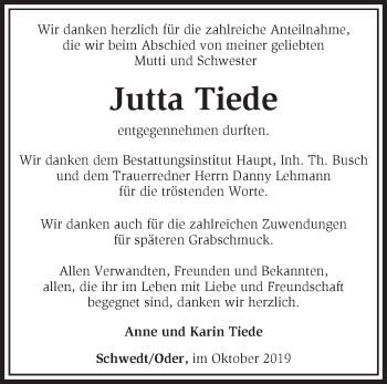 Traueranzeige von Jutta Tiede von Märkische Oderzeitung