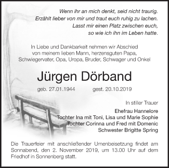 Traueranzeige von Jürgen Dörband von Märkische Oderzeitung