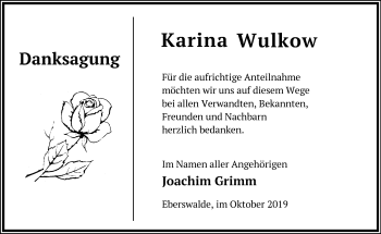 Traueranzeige von Karina Wulkow von Märkische Oderzeitung