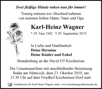 Traueranzeige von Karl-Heinz Wagner von Märkische Oderzeitung