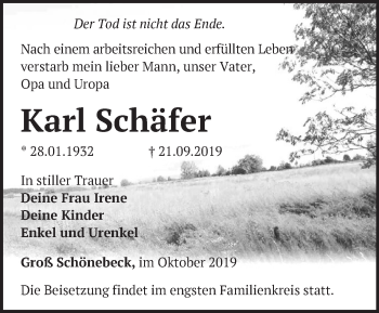 Traueranzeige von Karl Schäfer von Märkische Oderzeitung