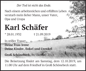 Traueranzeige von Karl Schäfer von Märkische Oderzeitung