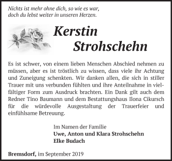 Traueranzeige von Kerstin Strohschehn von Märkische Oderzeitung