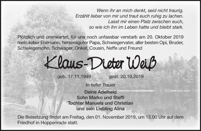  Traueranzeige für Klaus-Dieter Weiß vom 26.10.2019 aus Märkische Oderzeitung