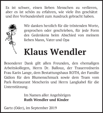 Traueranzeige von Klaus Wendler von Märkische Oderzeitung