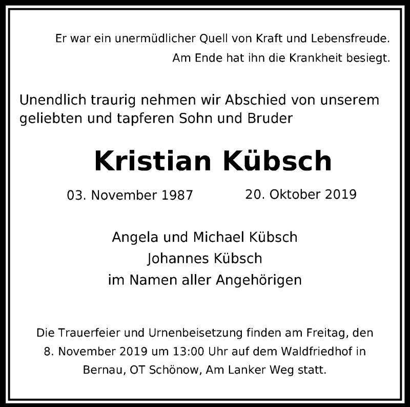  Traueranzeige für Kristian Kübsch vom 26.10.2019 aus Märkische Oderzeitung
