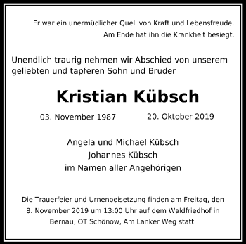 Traueranzeige von Kristian Kübsch von Märkische Oderzeitung