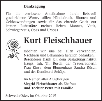 Traueranzeige von Kurt Fleischhauer von Märkische Oderzeitung