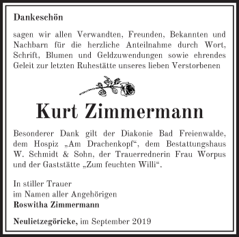 Traueranzeige von Kurt Zimmermann von Märkische Oderzeitung