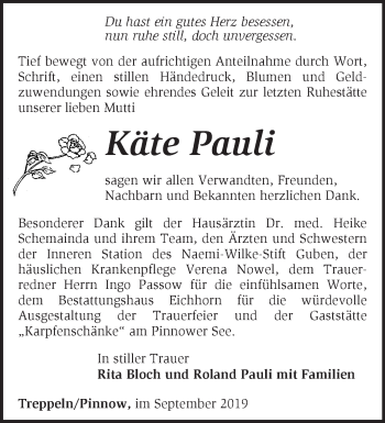 Traueranzeige von Käte Pauli von Märkische Oderzeitung