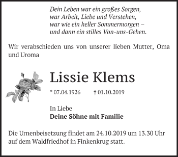 Traueranzeige von Lissie Klems von Märkische Oderzeitung