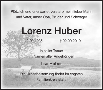 Traueranzeige von Lorenz Huber von Märkische Oderzeitung