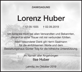 Traueranzeige von Lorenz Huber von Märkische Oderzeitung