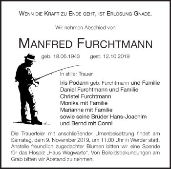 Traueranzeige von Manfred Furchtmann von Märkische Oderzeitung