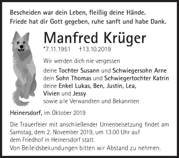 Traueranzeige von Manfred Krüger von Märkische Oderzeitung