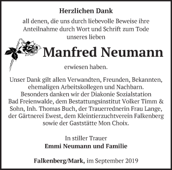 Traueranzeige von Manfred Neumann von Märkische Oderzeitung