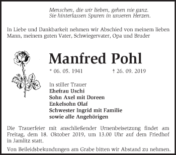 Traueranzeige von Manfred Pohl von Märkische Oderzeitung