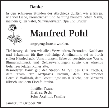 Traueranzeige von Manfred Pohl von Märkische Oderzeitung