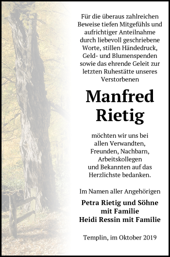 Traueranzeige von Manfred Rietig von Märkische Oderzeitung