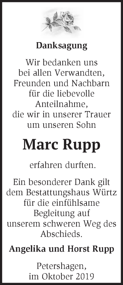  Traueranzeige für Marc Rupp vom 06.10.2019 aus Märkische Oderzeitung