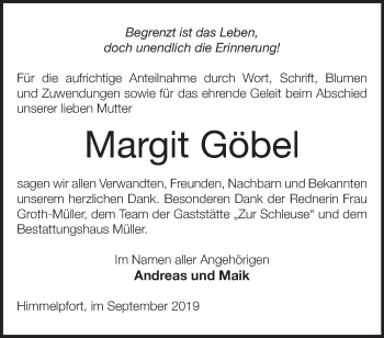 Traueranzeige von Margit Göbel von Märkische Oderzeitung