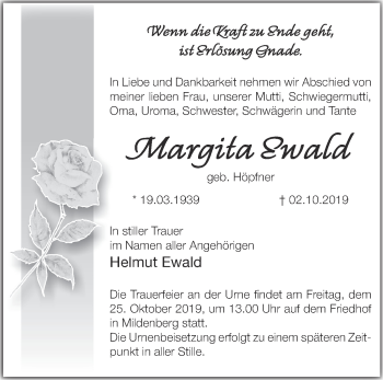 Traueranzeige von Margita Ewald von Märkische Oderzeitung